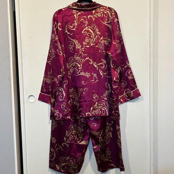 Morgan Taylor Burgundy and Gold Floral Satin Pajama Set - Picture 2 of 13